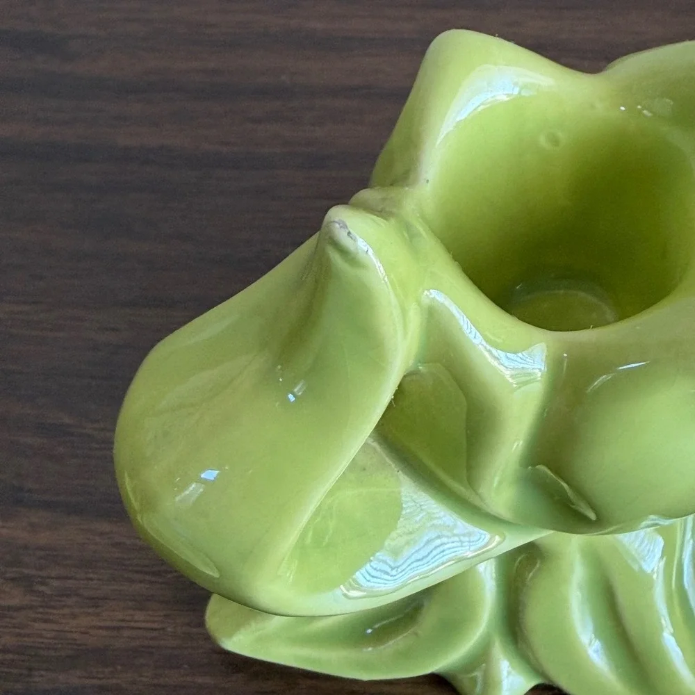 Vintage Chartreuse Green Ceramic Tulips Floral Candle Holder Set of 2 MCM READ
